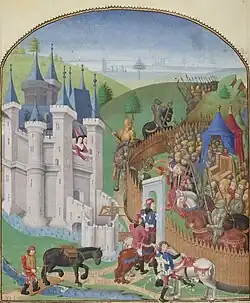 A colourful Medieval image of a castle under siege in a romantic style