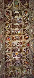 Sistine Chapel ceiling; by Michelangelo; 1508–1512; fresco; 13.7 x 39 m; Sistine Chapel (Vatican City)[159]