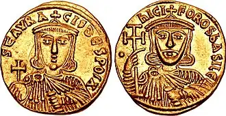 a gold coin bearing the image of Nikephoros (right) and Staurakios (left)