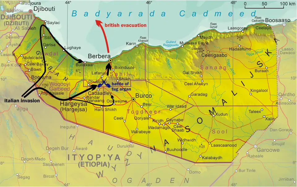 Map of invasion route of the Italian conquest of British Somaliland in August 1940