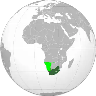 Location of South West Africa (light green) within South Africa (dark green)