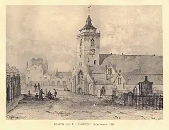 The west end of the church in 1836, showing the cracks and lean in the tower