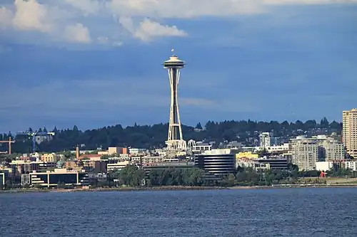 Space Needle seen from the ferry Wenatchee on Puget Sound