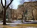 Interior of the square, with two monuments visible, Tribute to Laurier in foreground and Boer War Memorial behind with Dominion Square Building in background