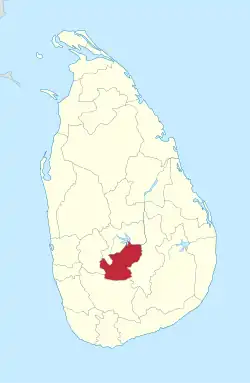Area map of Nuwara Eliya District, located immediately south of the middle of the country and running roughly south west to north east, in the Central Province of Sri Lanka