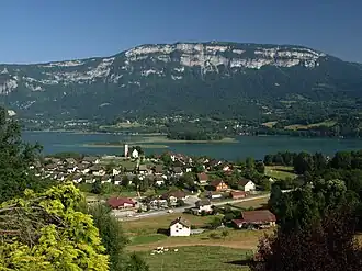 View of the church of Saint-Alban-de-Montbel and Lac d'Aiguebelette