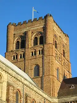 red brick tower of St Albans Cathedral