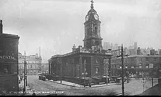 black and white photograph St Peter's Church in St Peter's Square