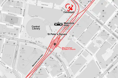 Today, Metrolink tram lines cross over the former site of the church