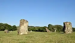 Large stones, some lying and some standing on end in grassy area