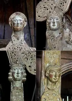 Heads of baldachin in stave church Hopperstad