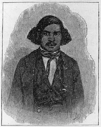 Old drawn portrait of a Black man, wearing a suit, with a mustache