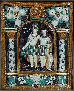 Stove tile with personification of America, from Southern Germany, c. 1650–1700, ceramic and polychrome glaze, in the Germanisches Nationalmuseum (Nuremberg, Germany)