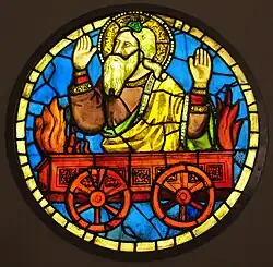Unknown glazier and Taddeo Gaddi, stained glass roundel depicting Elijah in the Fiery Chariot. Originally located in the top roundel of the right window in the high altar chapel. Currently in the Museum of Santa Croce.