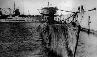 The German submarine U-977 moored at Mar del Plata following her surrender to the Argentine Navy in August 1945.
