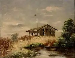 Painting of crumbling adobe structure with an overcast sky