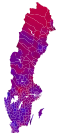 Votes by municipality as a scale from red/Left-wing bloc to blue/Centre-right bloc.