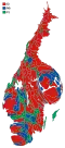 Cartogram of the map to the left with each municipality rescaled to the number of valid votes cast.