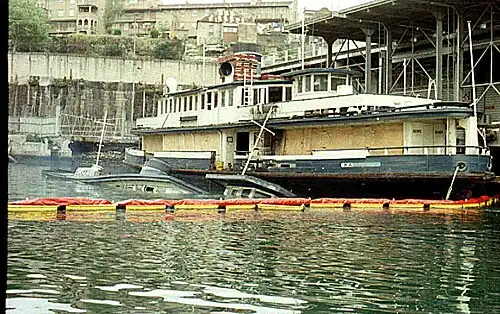 Karrabee laid up with Kameruka who has sunk at her moorings, 1986.