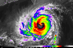 An infrared satellite loop of a tropical cyclone crossing Luzon. As it moves over the island, it weakens and loses its eye