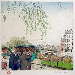 T. F. Šimon, Second Hand Booksellers, Spring (in Paris), 1912, colour soft ground etching and aquatint