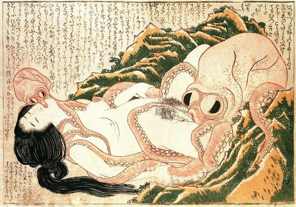 Image 70The Dream of the Fisherman's Wife, an erotic woodcut made circa 1820 by Hokusai.