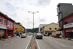 Federal Route 1 running through downtown Tapah (main route blocked and diverted for maintenance works as shown in this photo).