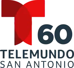 The Telemundo network logo, a T with two circular overlapping components. To the right and under the T, the number 60. Beneath it, in a sans serif, the word Telemundo, and on another line in red, the words San Antonio.