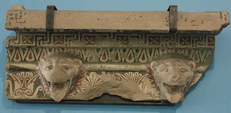 Heads of lionesses in polychromed terracotta finish, Temple of Hera, second half of the 6th century BCE