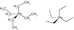 Two chemical diagrams of tetra-ethyl lead, or (CH3CH2)4Pb. On the left one, carbon and hydrogen are labeled, on the right, they are shown as lines only.