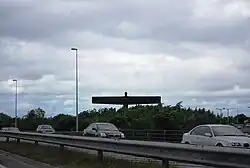 Picture of the Angel of the North viewed from within a car travelling on the A1 near Lamesley.