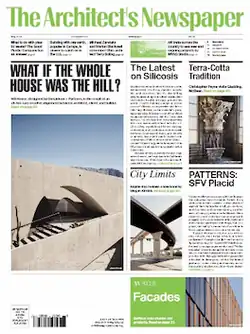 Cover of the May 2024 issue of The Architect's Newspaper showing a major story on the left side, four stories on the right side, and an insert for May 2024 AN Focus Facades