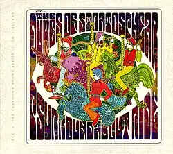 A very colorful, psychedelic line drawing of the band riding a merry-go-round