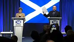 Nicola Sturgeon and Alex Salmond speaking at the Edinburgh Agreement press conference