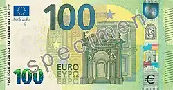 Flag of the EU in the top left corner of a 100 euro banknote (second series)