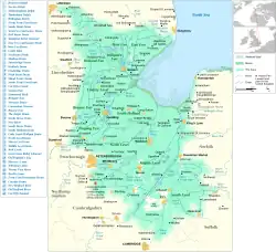 Map of the Fens within eastern England along with the major settlements, rivers and drains within it.[1]