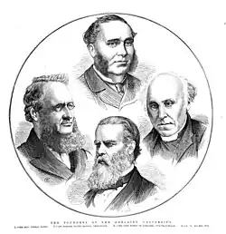 An illustration of the founders of the University of Adelaide from an 1875 engraving.