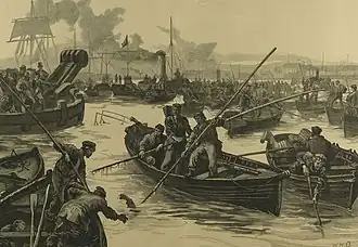Thames watermen in a small rowing boats, using boathooks to pull the dead from the river