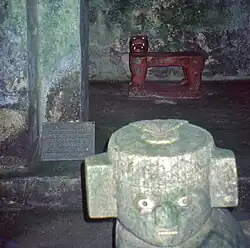 Interior. The Jaguar Throne inlaid with jade behind the Chac Mool ...(no longer on display since 2006)