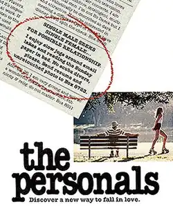 Movie poster showing a personals ad an inset photo of a woman roller skating past a man who is sitting on a park bench