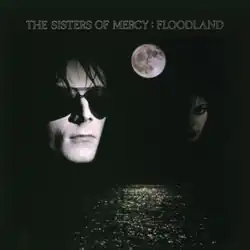 A flooded street at nighttime, with the Moon visible in the sky and two faces peering out of shadows in the background. In white text, "The Sisters of Mercy: Floodland" is written in all capitals at the top of the picture.
