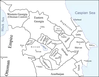 The South Caucasus in the last quarter of the 18th century. The Shirvan Khanate is located on the far right