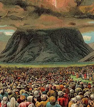 Mass-revelation at Mount Sinai in a Bible card illustration published by the Providence Lithograph Company, 1907