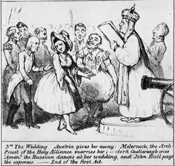 A British cartoon, satirising the "wedding" of Belgium and the Netherlands at the Congress of Vienna