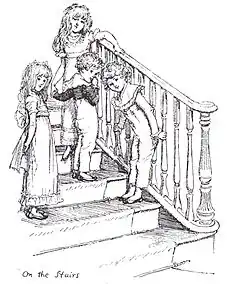 Pride and Prejudice, chapter 27: the Gardiner children wait for Elizabeth on the stairs