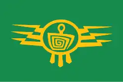 Thunderchild Flag featuring a yellow glyph of a humanoid figure with lightning bolts on left and right sides on a green background.