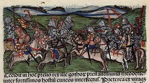 Chronica Hungarorum, Thuróczy chronicle, Battle of the Catalaunian Plains, Attila, Aetius, Huns, Romans, cavalry, armored soldiers, fight, battle, medieval, Hungarian chronicle, book, illustration, history