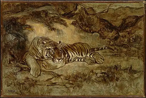 Antoine-Louis Barye, Tiger at Rest (c. 1850–70), oil and charcoal on paper, mounted on canvas, 12 3/16 x 18 1/4 in. (31 x 46.5 cm) Clark Art Institute