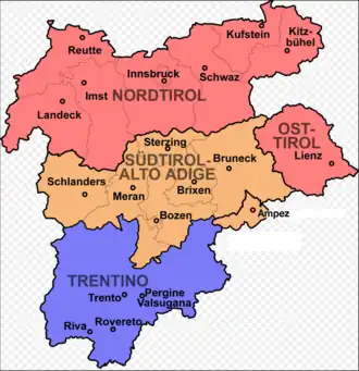 The region consists of present-day Tyrol–South Tyrol–Trentino Euroregion, including Cortina d'Ampezzo, Fodóm (Buchenstein), Col (Verseil), Valvestino, Magasa and Pedemonte