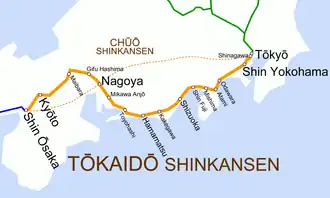 Map of Tokaidō Shinkansen, with the Tokaidō Shinkansen route shown in orange and stops labeled